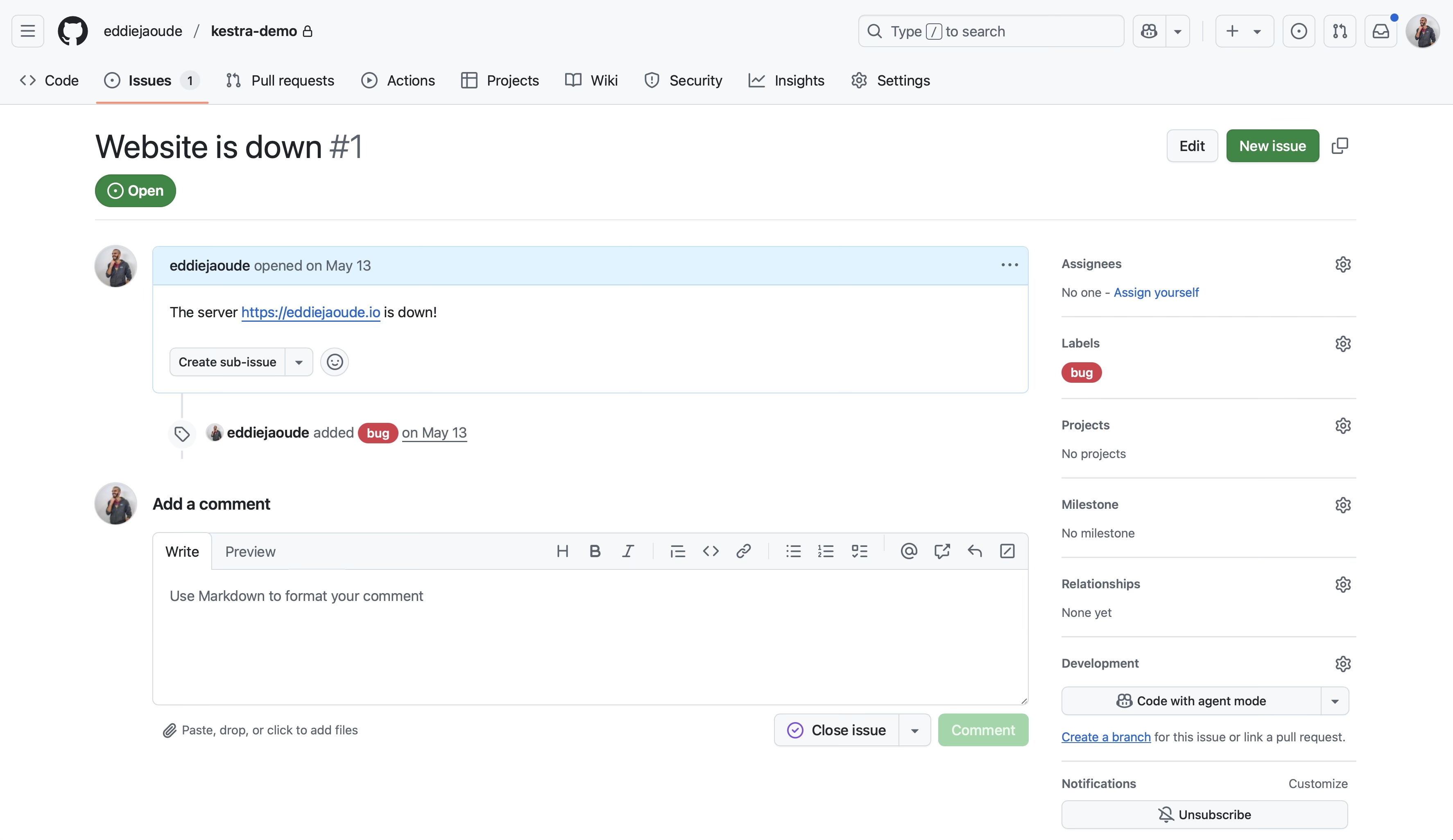 GitHub Issue created by Kestra