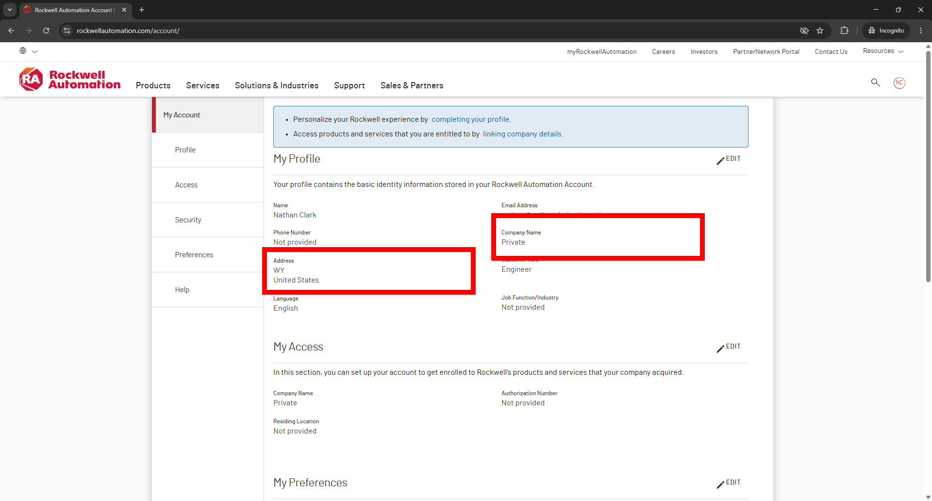Complete the Address and Company Name fields