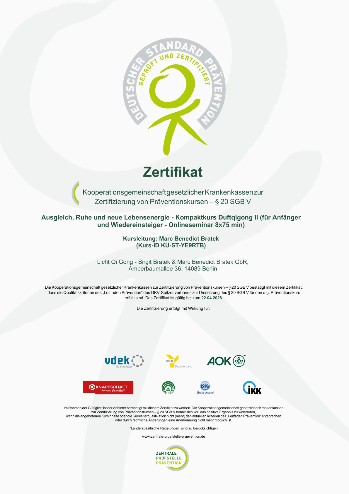 Zertifikat $20 SGB V Marc Bratek Duftqigong Mittelstufe