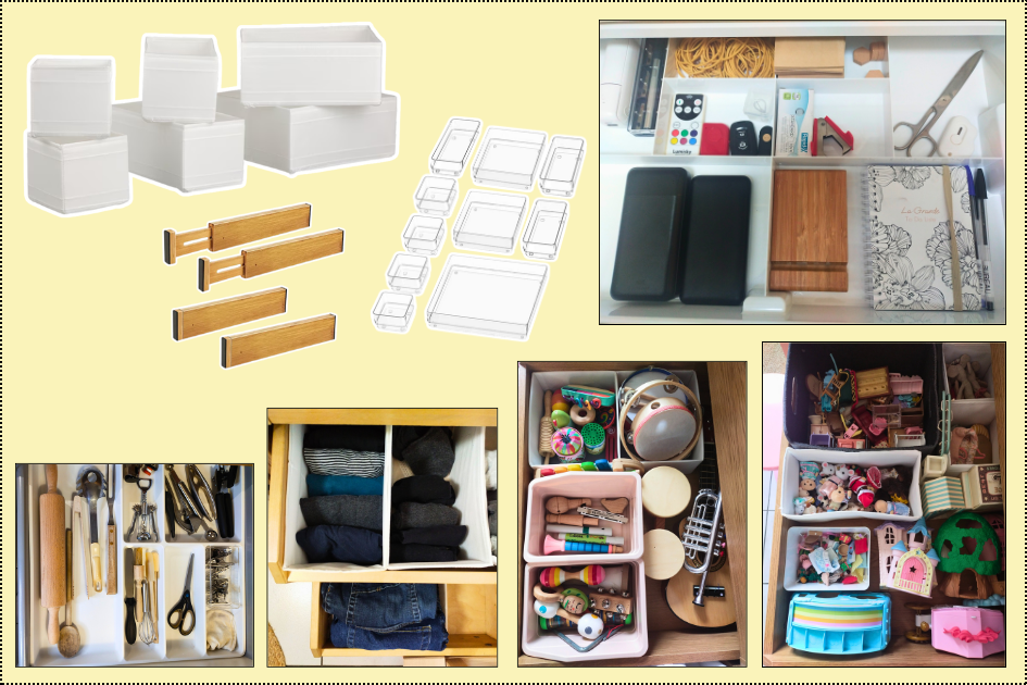 Séparateurs de tiroirs pour organiser petits objets, vêtements ou accessoires : solution simple pour structurer les tiroirs et retrouver facilement chaque chose.