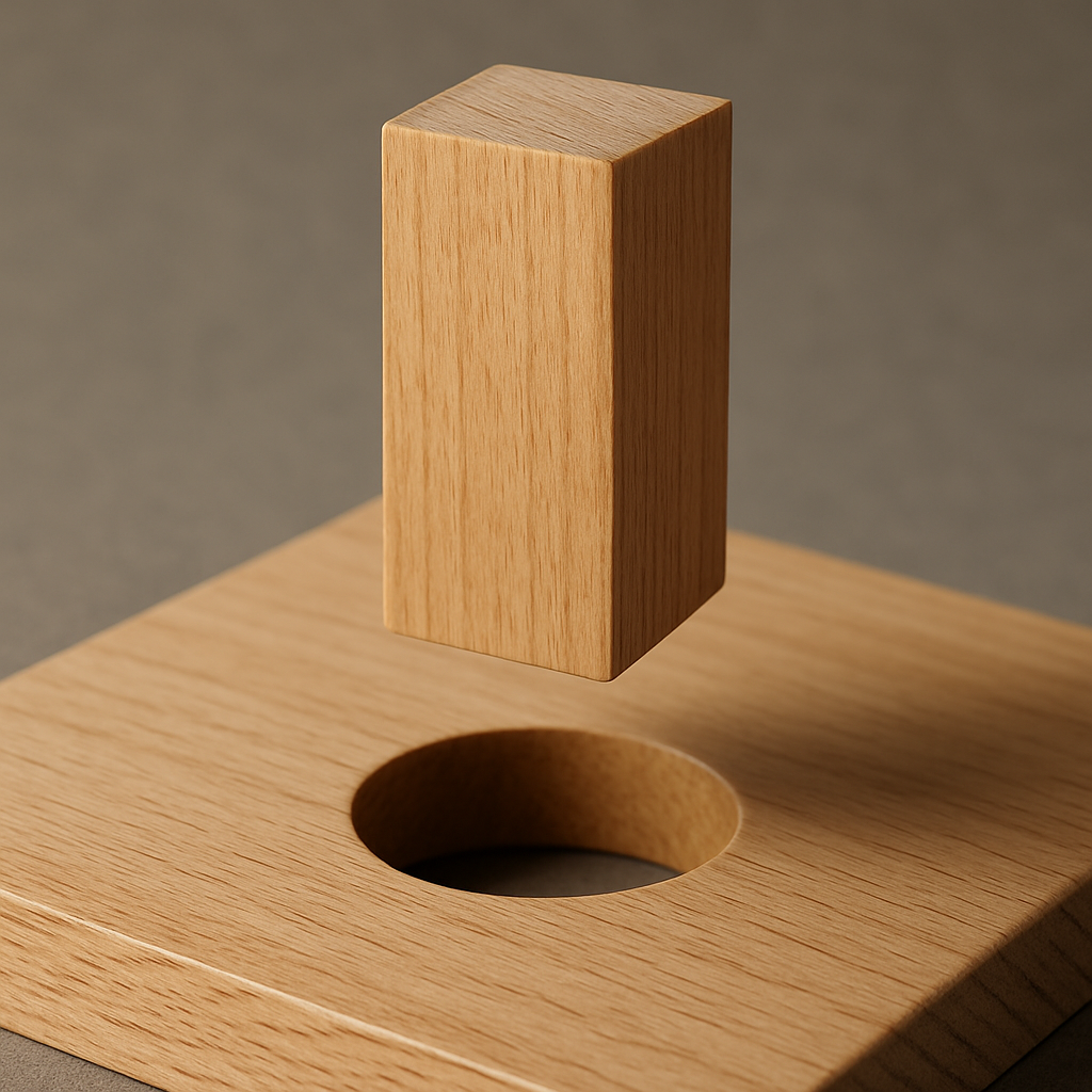 Tall square peg above a round hole in a wooden table