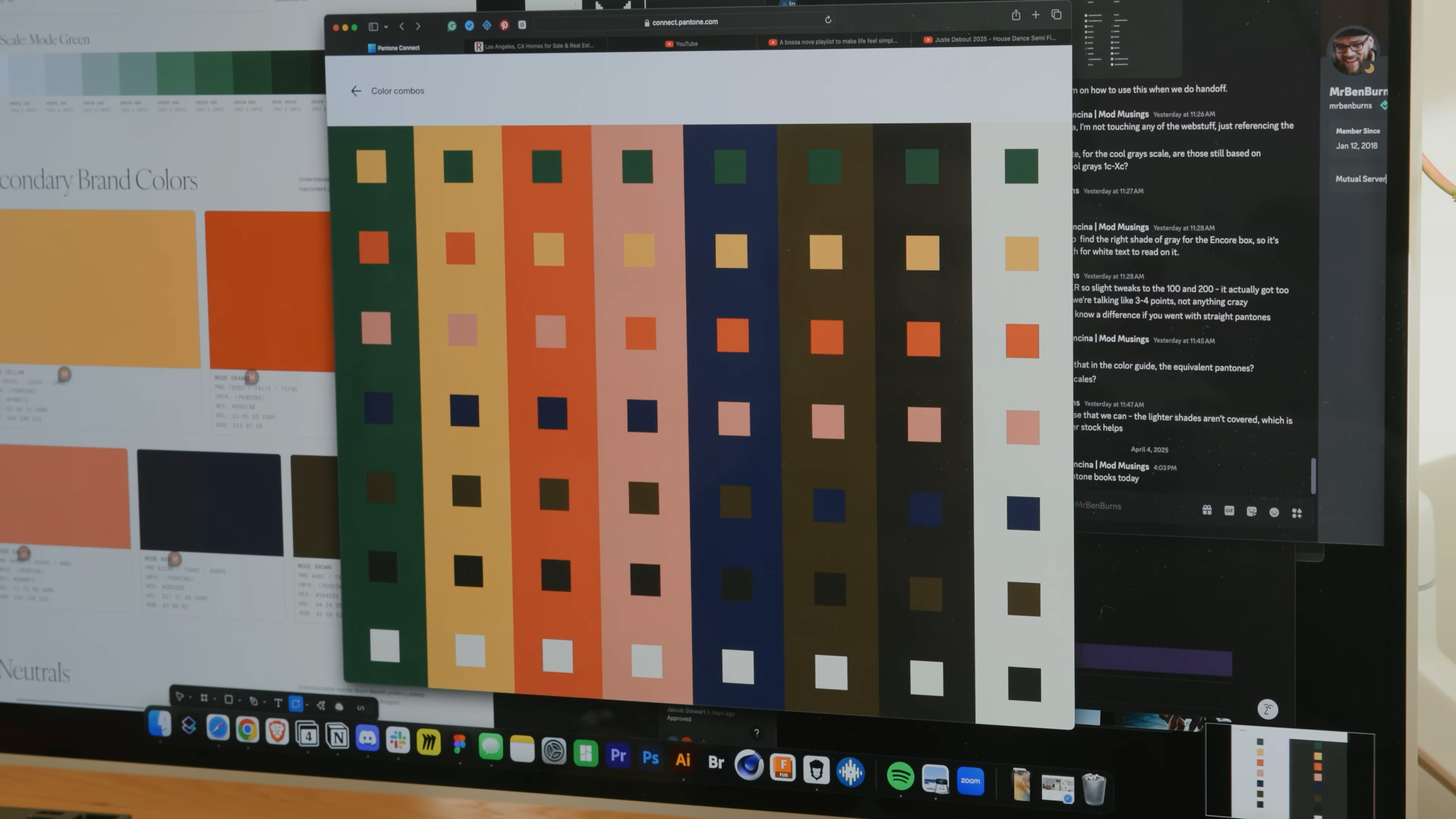 Screen capture from Matthew Encina’s Mode redesign video, showing digital Pantone color swatch explorations as the team narrows down Mode’s new brand palette and visual identity.