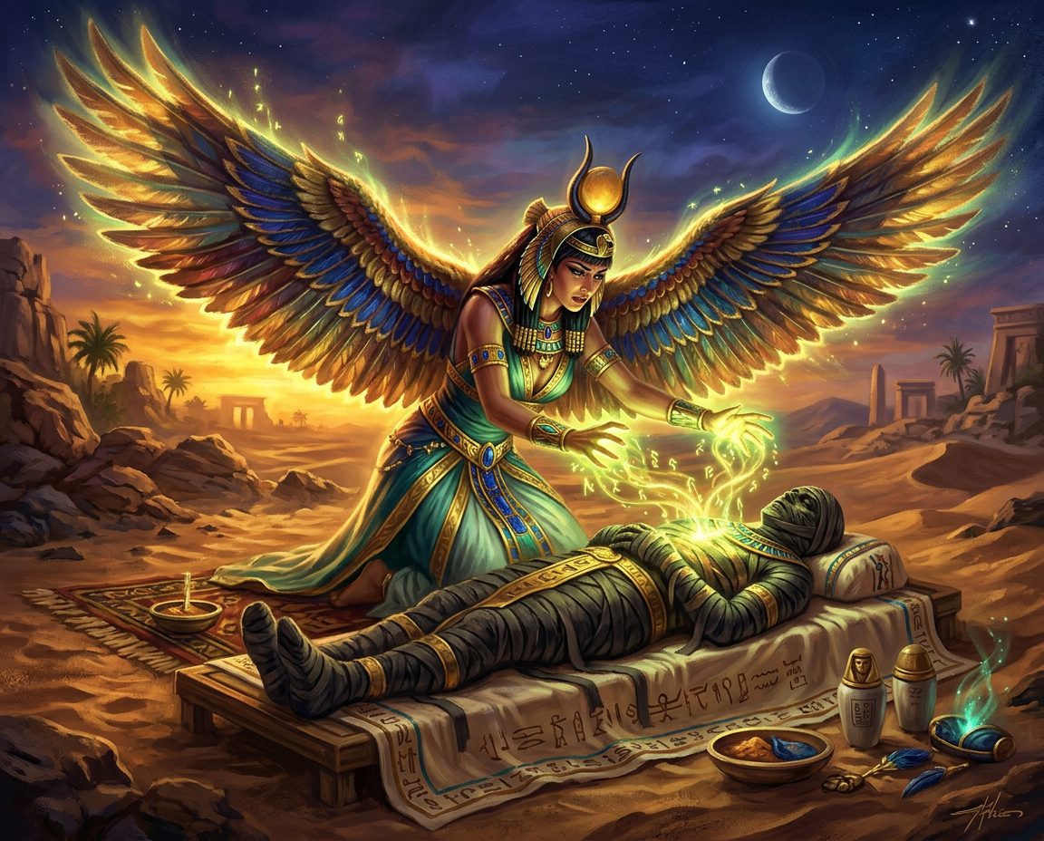 A dynamic, vibrant fantasy illustration depicting the resurrection of Osiris by the goddess Isis. Osiris lies mummified on a wooden table covered in hieroglyphic linens, set against an expansive desert landscape under a twilight sky with a crescent moon. Isis kneels over him, her massive, radiant wings spread wide with glowing gold and blue feathers. She wears an emerald and teal gown with a golden sun-disk headdress. Her hands hover over Osiris's chest, channeling swirls of glowing green magical energy and ethereal hieroglyphic symbols into him. Around the table on the sand are ritual items, including canopic jars and small bowls of offerings.