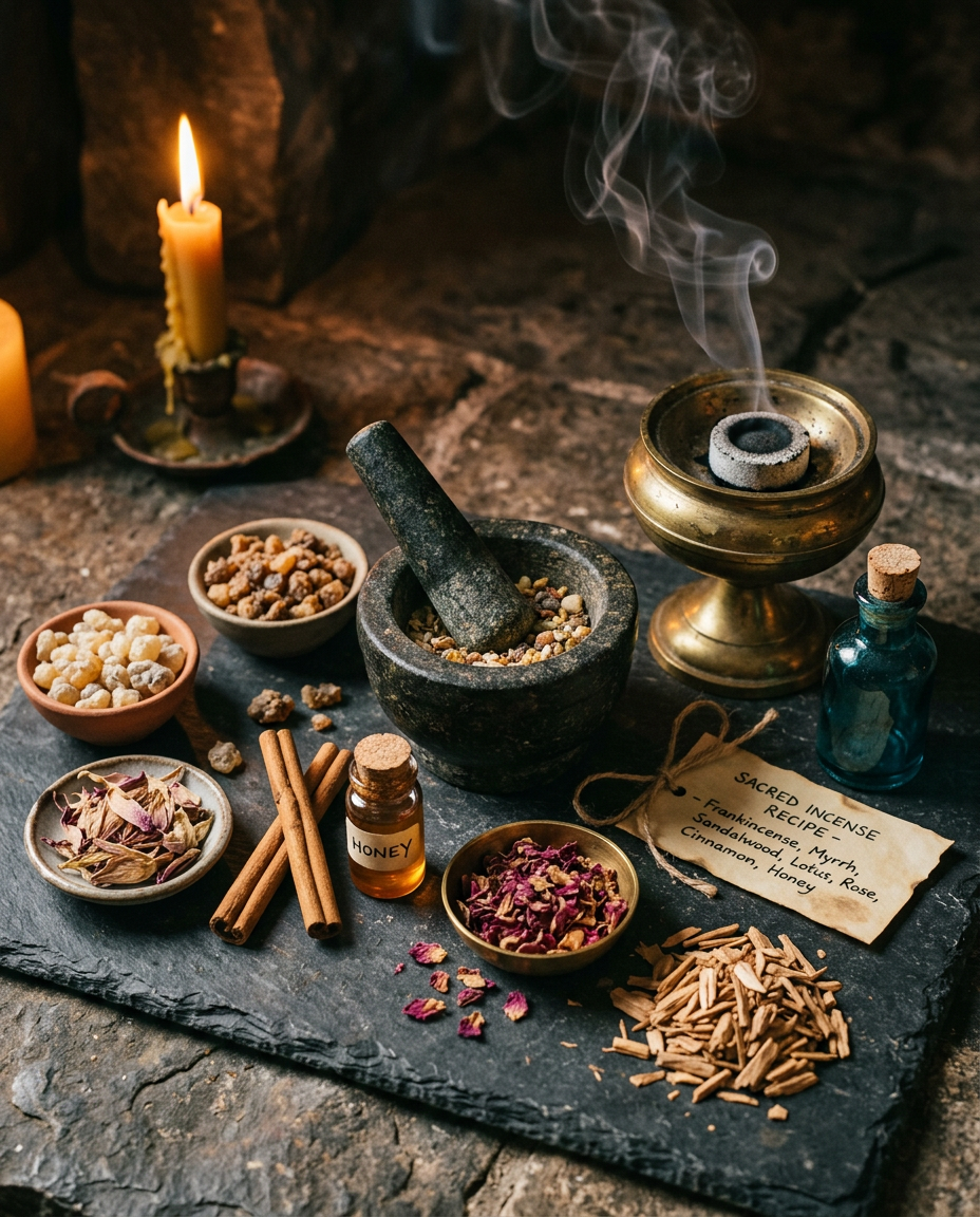 A rustic, high-textured close-up photograph of a natural incense-making setup on a dark slate slab. A heavy black stone mortar and pestle sits in the center, filled with crushed resins and botanicals. To its right, a brass censer holds a burning charcoal puck emitting thick, curling white smoke next to a small blue glass bottle with a cork stopper. Scattered around are small ceramic bowls filled with frankincense tears, myrrh resin, and dried pink rose petals, alongside cinnamon sticks, a pile of sandalwood chips, and a small glass bottle labeled "HONEY." A piece of parchment paper with a handwritten "SACRED INCENSE RECIPE" lies on the slate, listing frankincense, myrrh, sandalwood, lotus, rose, cinnamon, and honey. The background is softly lit by a warm, melting beeswax candle.