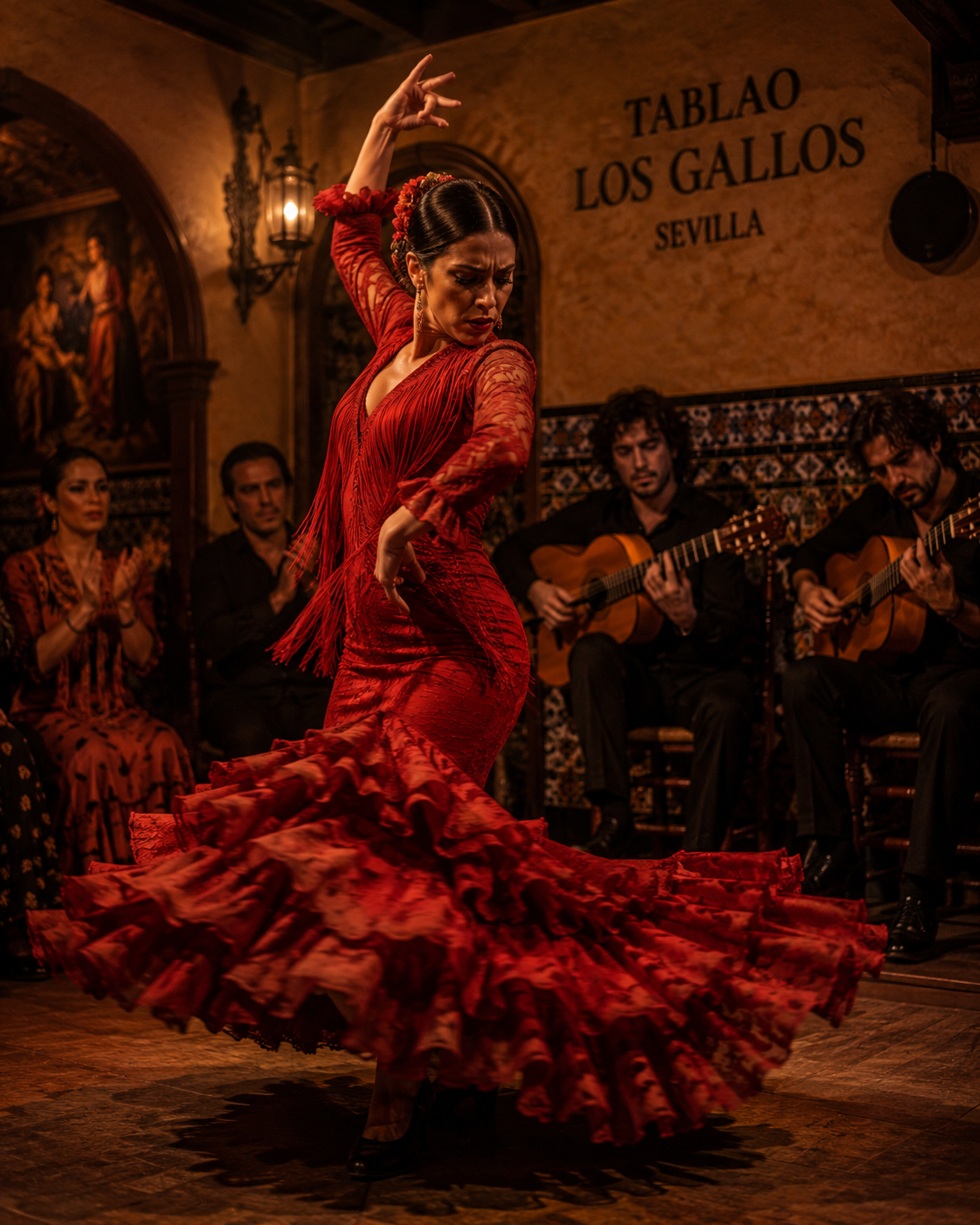 Flamenco dancer in a red dress mid-performance at an intimate Tablao in Seville, Spain, with guitarists in the background