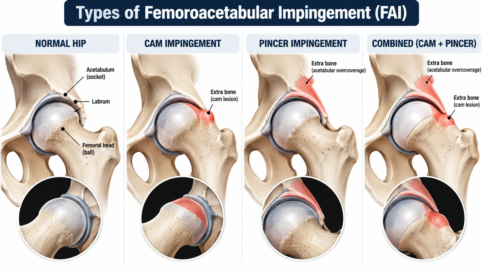 Medical illustration comparing a normal hip joint with cam, pincer, and combined femoroacetabular impingement (FAI), highlighting abnormal bone growth in red.  Copy alt text