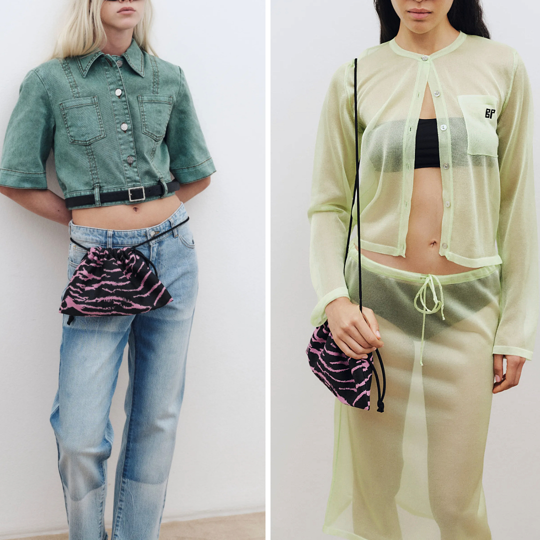 Baum und Pferdgarten Pre-Fall 2025 shows black-and-pink printed drawstring bags styled with denim and sheer knitwear