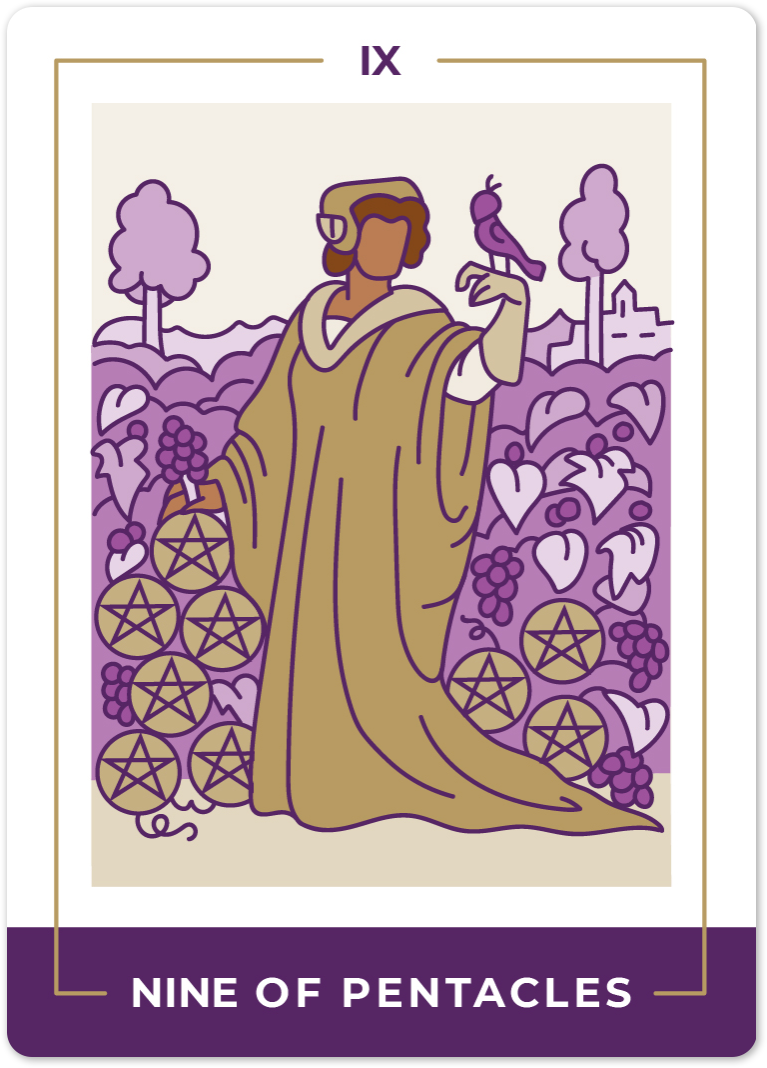 Nine of Pentacles from Biddy Tarot 