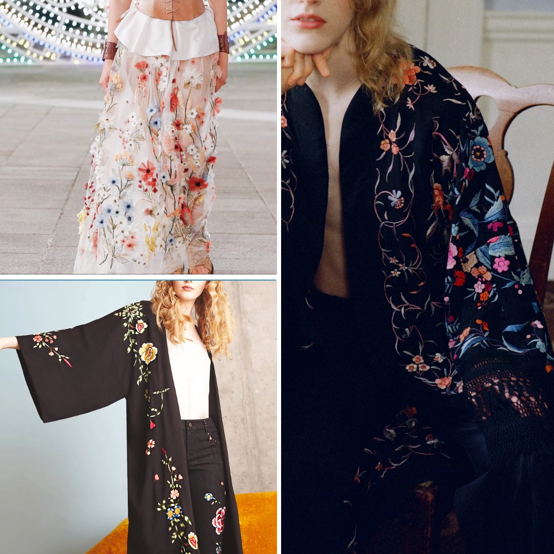 Collage featuring Alice + Olivia’s embroidered kimono from Pre-Fall 2017, Dior’s floral embroidered skirt from Resort 2021, and Sea’s black embroidered kimono from Resort 2025, highlighting floral motifs in boho fashion.