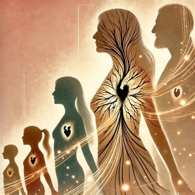 Illustration symbolique de plusieurs générations reliées par des filaments lumineux, montrant l’impact émotionnel des secrets de famille sur les descendants