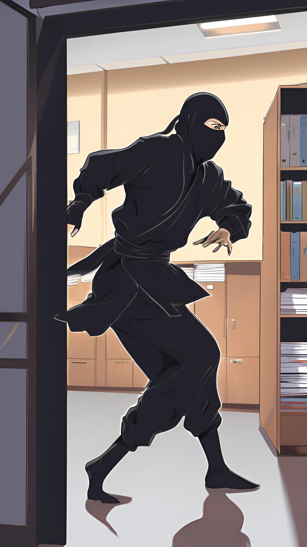 A ninja breaking into the faculty office to steal an exam paper from the filing cabinet