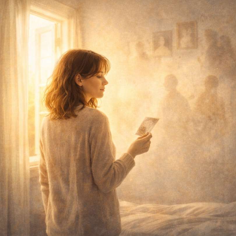 Femme debout près d’une fenêtre baignée de lumière, tenant une photo ancienne, entourée de silhouettes floues sur le mur, symbolisant la guérison intérieure et la libération des secrets de famille mis en lumière.