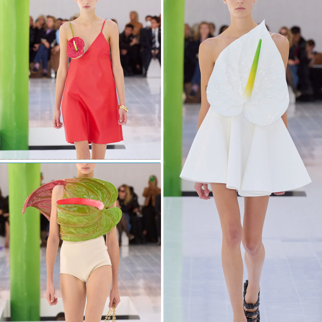 Loewe Spring 2023 Ready-to-Wear collection featuring sculptural anthurium flower bodices and dresses designed by Jonathan Anderson.
