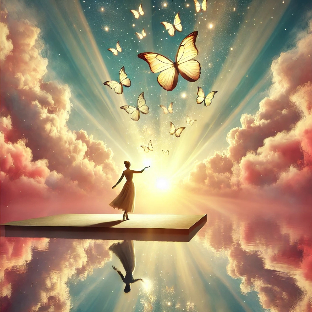 Femme debout sur une plateforme au-dessus de l’eau calme, libérant des papillons lumineux vers le ciel, dans une scène onirique et apaisante symbolisant la guérison et l’émancipation émotionnelle.