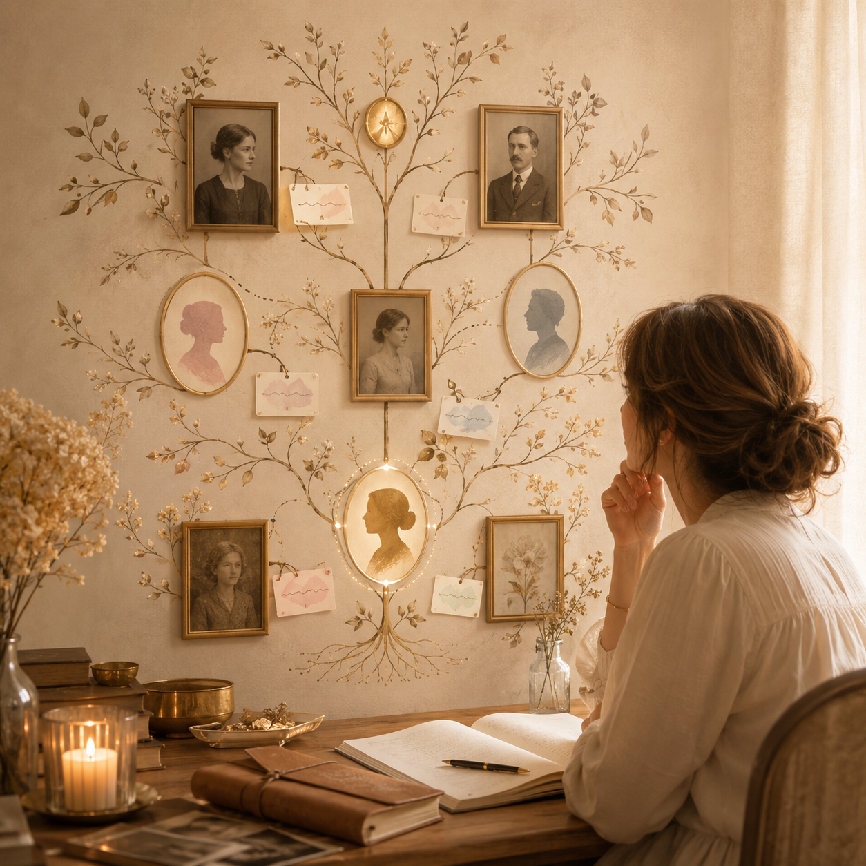 femme observant un arbre familial symbolisant les différents types de prénoms en transgénérationnel