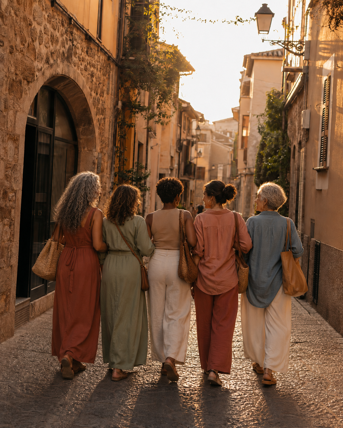 A small group of women walking together down a narrow sunlit street at the end of the day
