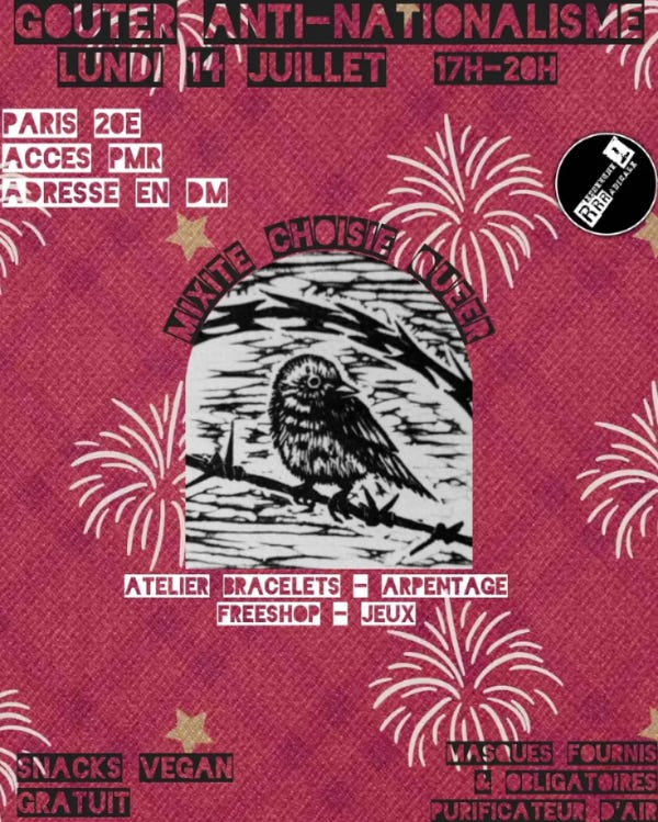 Affiche de l’évènement goûter anti-nationalisme où on peut voir au centre en noir et blanc le dessin d’un petit oiseau sur une branche sur un fond rouge foncé avec de petites étoiles et des gerbes blanches comme des deux d’artifice