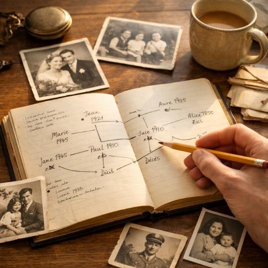 photos anciennes et carnet avec arbre généalogique pour comprendre son histoire familiale dans une recherche transgénérationnelle