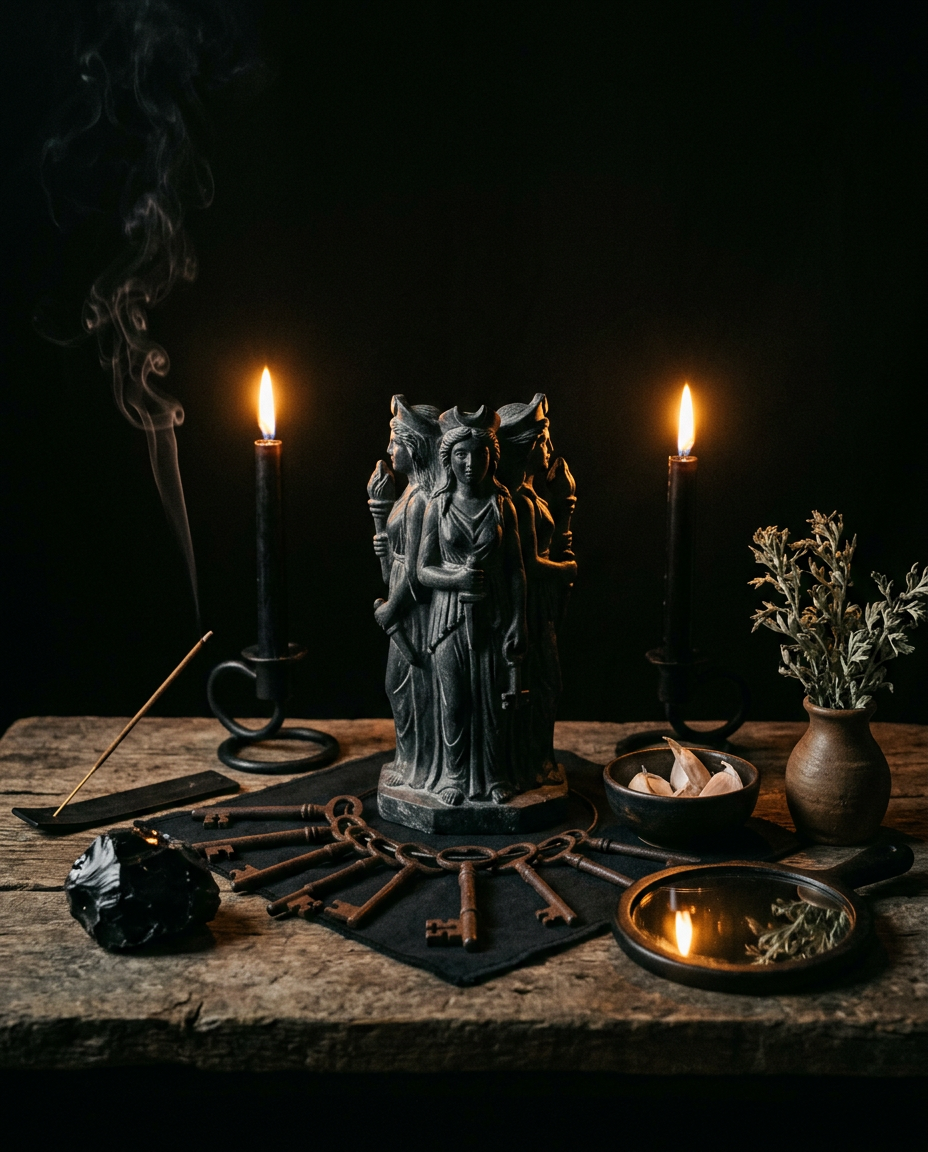 A rustic wooden altar dedicated to Hecate against a pitch-black background. In the center is a dark stone triple-goddess statue resting on a black cloth, surrounded by a semi-circle of antique iron keys. Two black taper candles burn in iron holders, alongside a smoking incense stick, a raw chunk of black obsidian, a small bowl of garlic cloves, and a handheld mirror reflecting the candlelight.
