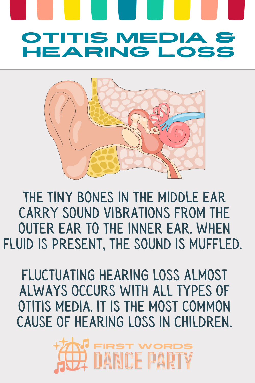 A diagram of the middle ear and the effects of otitis media and middle ear fluid as causes of speech delay.