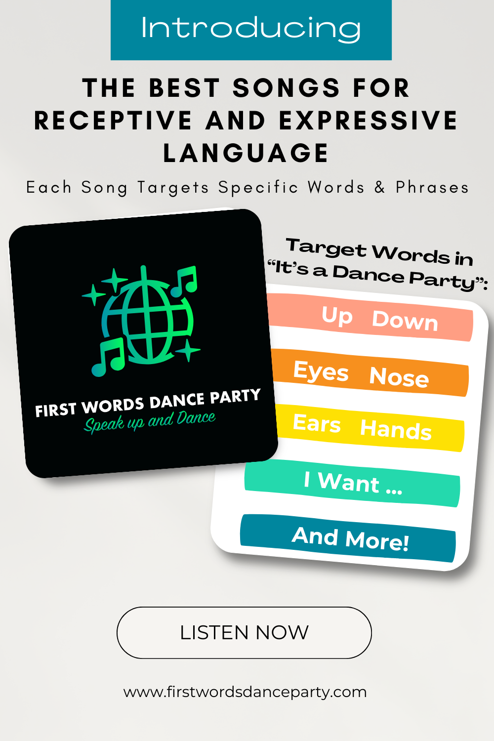 An album cover of a song that encourages receptive and expressive language.