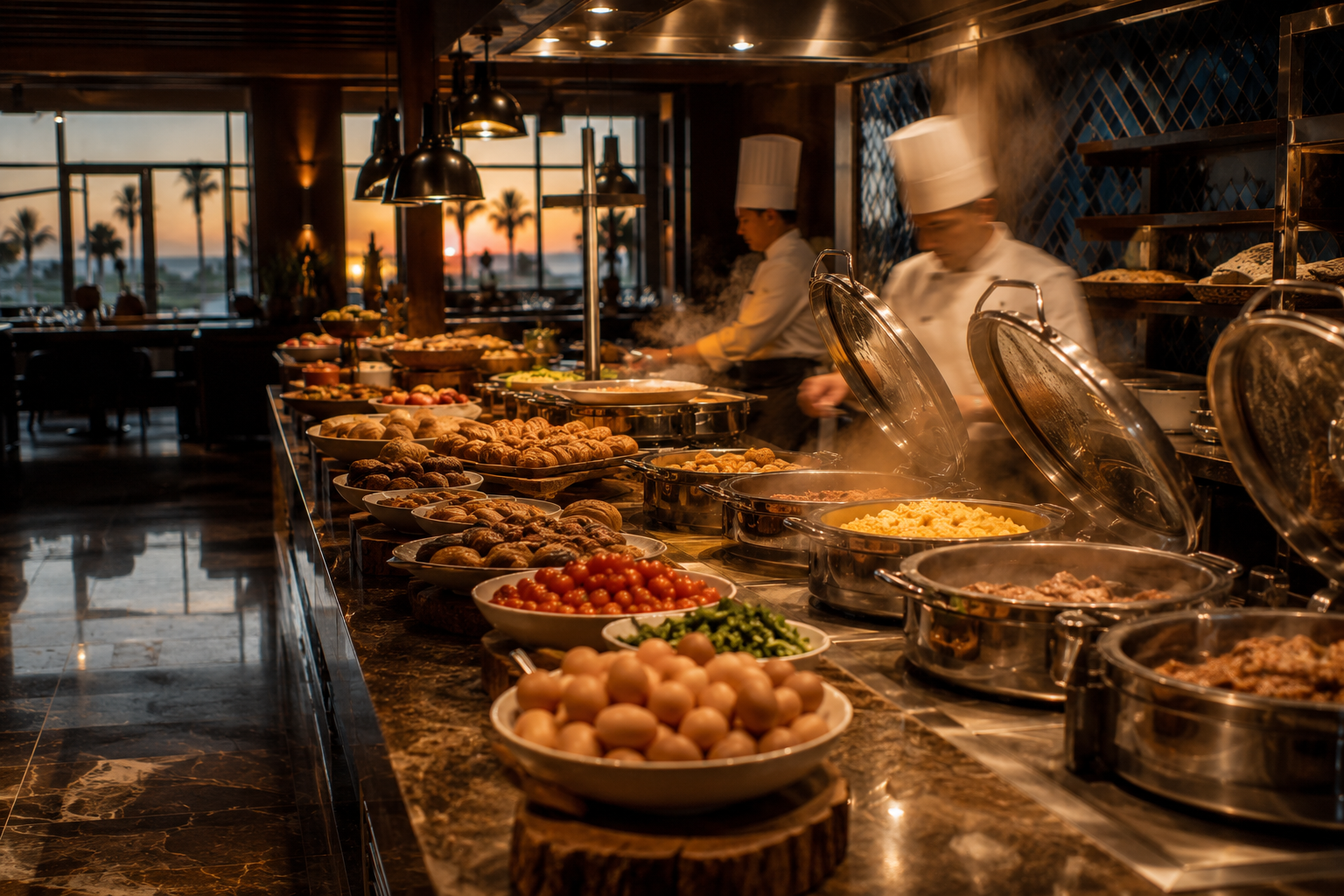 A professional hotel breakfast buffet at dawn being prepared by chefs, warm kitchen lighting, steam rising from chafing dishes, abundance of food, photorealistic editorial style, slight motion blur on the chefs, no text, rich warm tones.