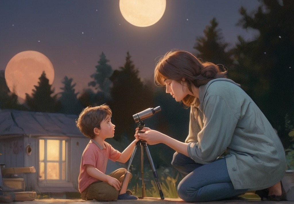 Parent and child stargazing with a small telescope