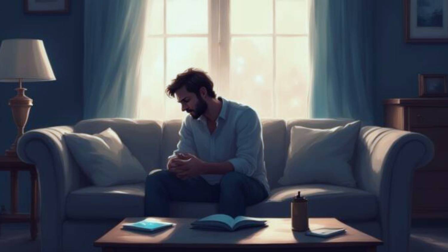 A person sitting alone on a couch in a quiet living room, looking down at their hands with a tense, withdrawn posture, illustrating the moment anxiety turns inward and becomes a spiral.