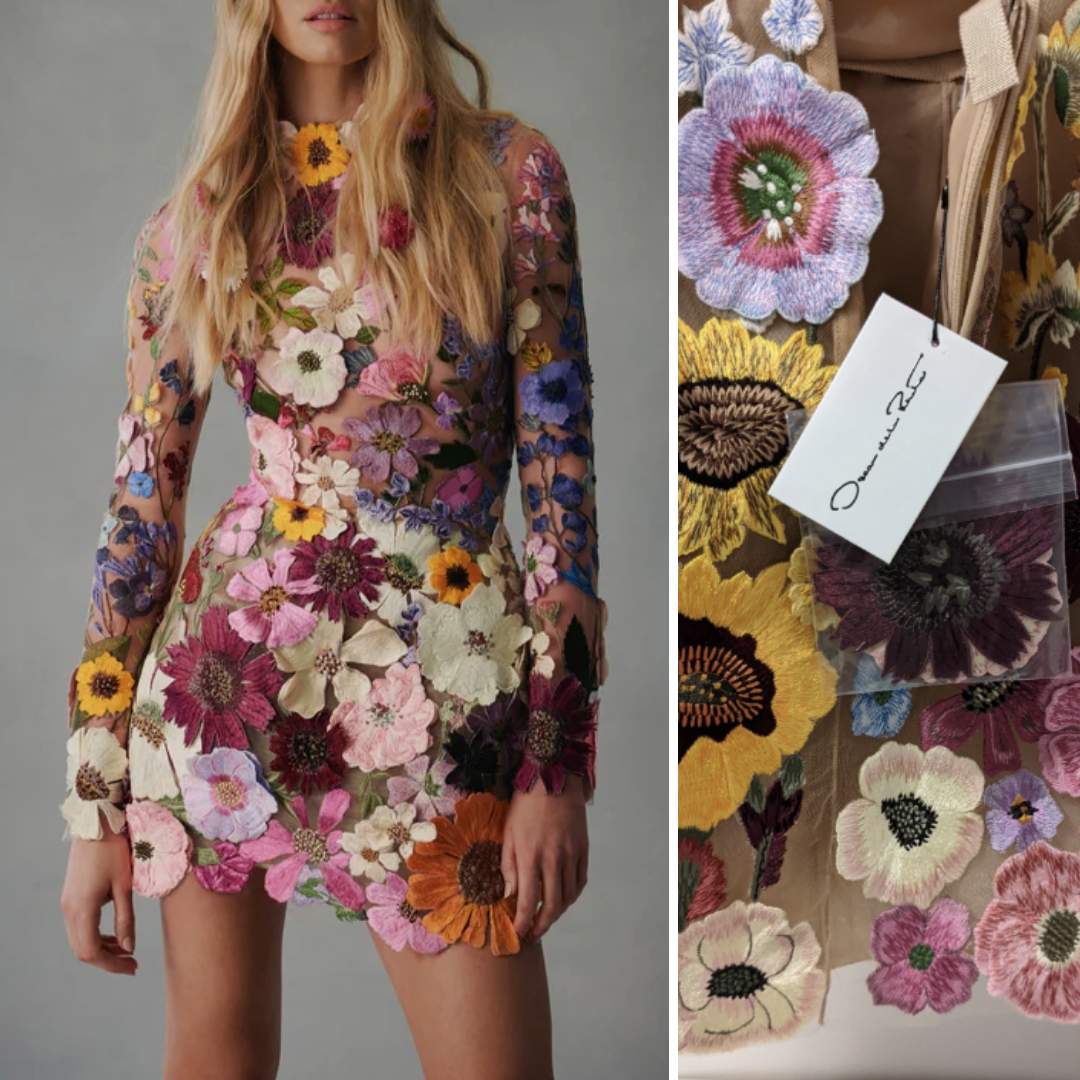 Oscar de la Renta Fall 2021 couture mini dress featuring dense floral embroidery on illusion tulle, shown alongside close-up detail of lifelike threadwork and fabric swatches.