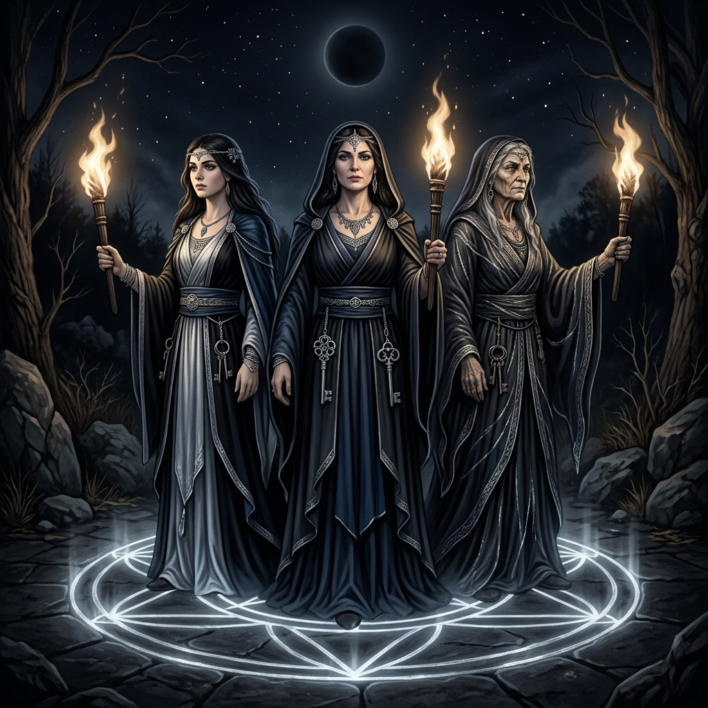 The triple goddess archetypes—Maiden, Mother, and Crone—standing together inside a glowing, white starlight circle drawn on cobblestones at night. Under a dark, eclipsed moon, the Maiden on the left holds a torch and wears a silver-and-grey gown; the central Mother wears dark blue with keys at her waist and holds a torch; the Crone on the right wears deep grey with a silver tiara, holding a torch.