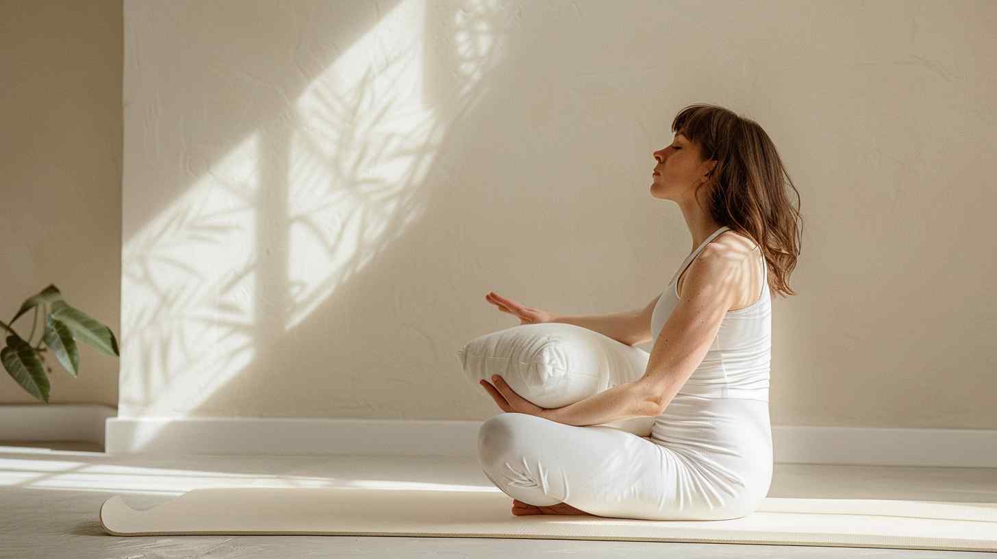 Vrouw houdt zacht kussen voor haar borst tijdens Do-In Yoga oefening "de zachte nee"