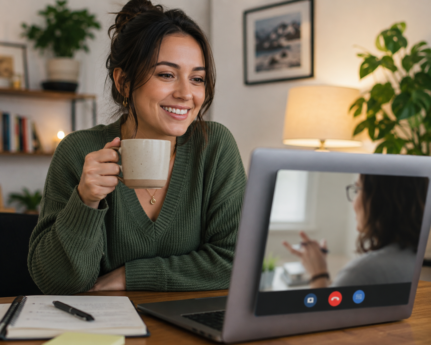 Woman smiling during a relaxed video consultation call with coffee in hand