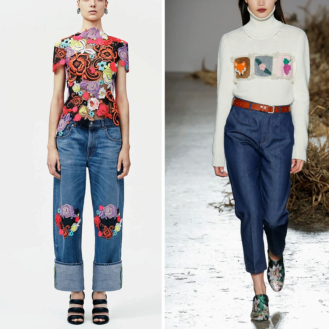 Collage of two runway looks: left, model in Christopher Kane Resort 2018 wearing a sheer top and jeans adorned with bold neon floral appliqué; right, model in Au Jour Le Jour Fall 2017 wearing a cream turtleneck sweater with whimsical wool appliqué patches of fruit and animals, paired with tailored jeans and floral loafers