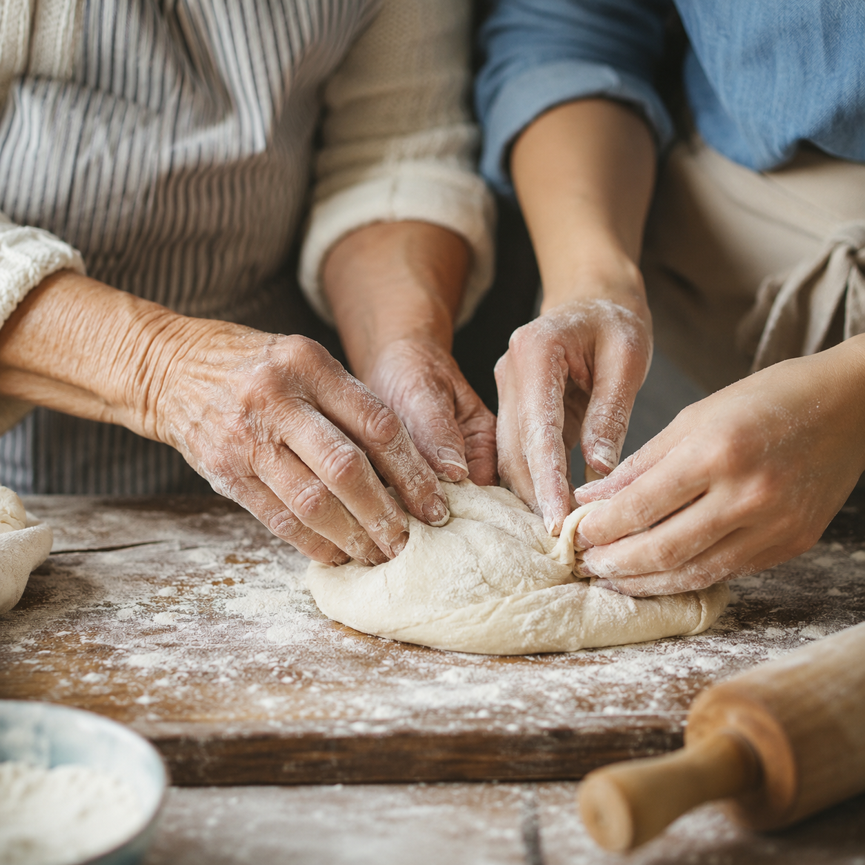 Two pairs of hands preparing a traditional dish together in a home kitchen during a curated group trip cooking experience.