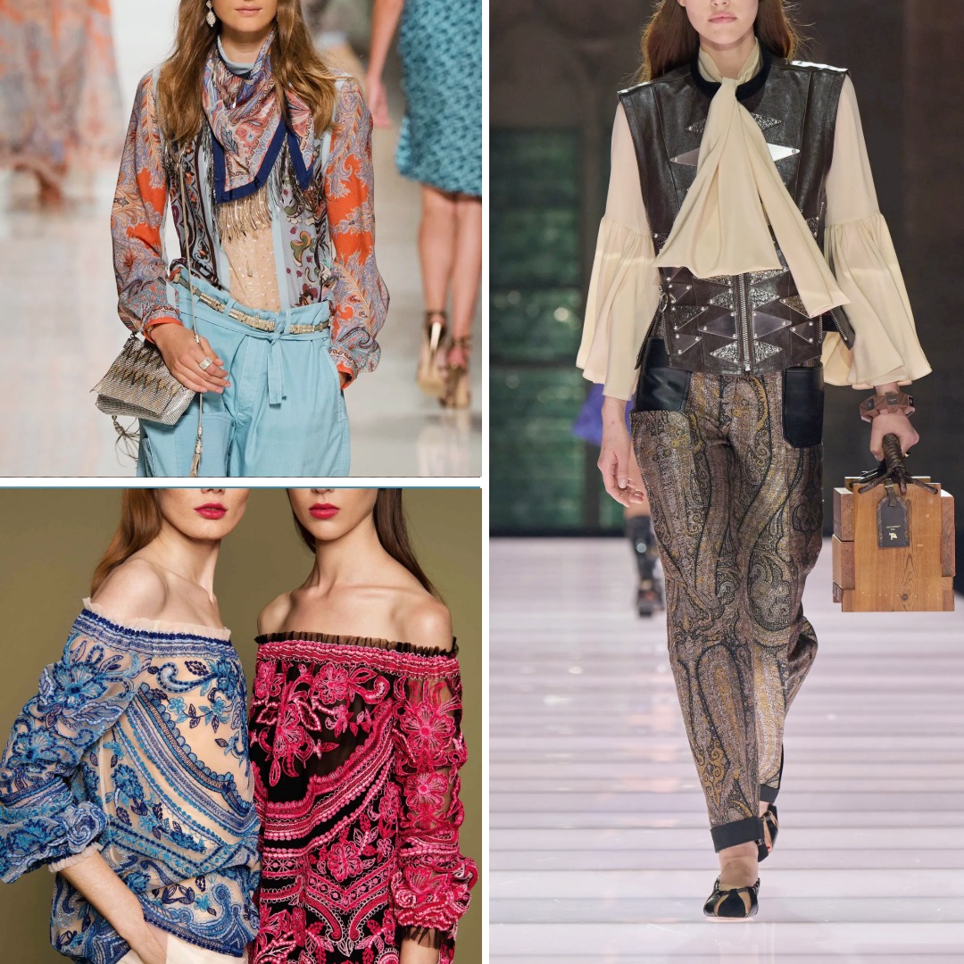 Collage showing paisley-inspired designs: Etro Spring 2014 blouse with a bohemian scarf, Naeem Khan Resort 2017 embroidered off-shoulder tops in blue and pink, and Louis Vuitton Resort 2026 look featuring metallic paisley trousers.
