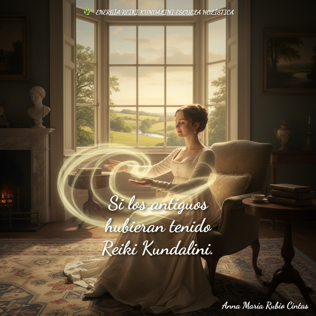 Mujer del siglo XVII sentada junto a la chimenea practicando Reiki Kundalini, con remolinos de luz dorada alrededor de sus manos dentro de un salón elegante, vista al campo por la ventana.