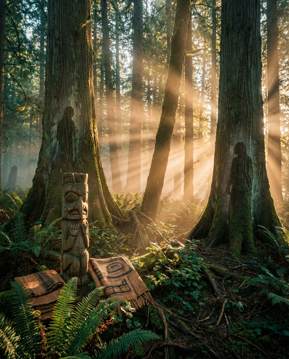Sunlight streams through a dense forest of tall Western Red Cedar trees, creating golden rays that illuminate the misty air and moss-covered trunks. At the base of one tree stands a small carved wooden figure in a Northwest Coast Indigenous style, surrounded by lush ferns and forest undergrowth. Two woven cedar-bark blankets, decorated with traditional geometric patterns, rest on the ground beside the carving. The scene feels sacred and serene, capturing the deep cultural and spiritual relationship between cedar and the peoples of the Pacific Northwest.