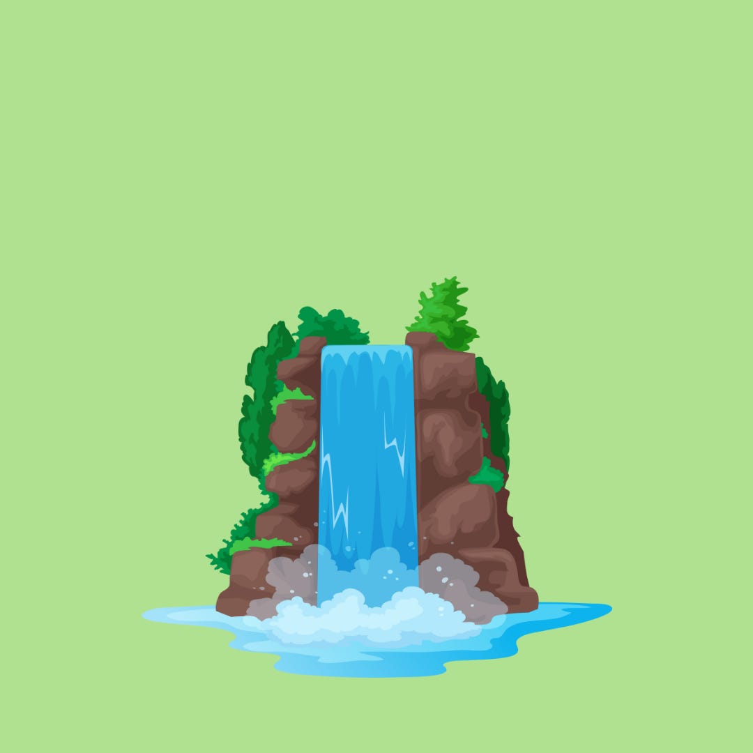 Dessin d'une cascade qui s'écoule entourée de rochers et de végétation sur un fond vert clair