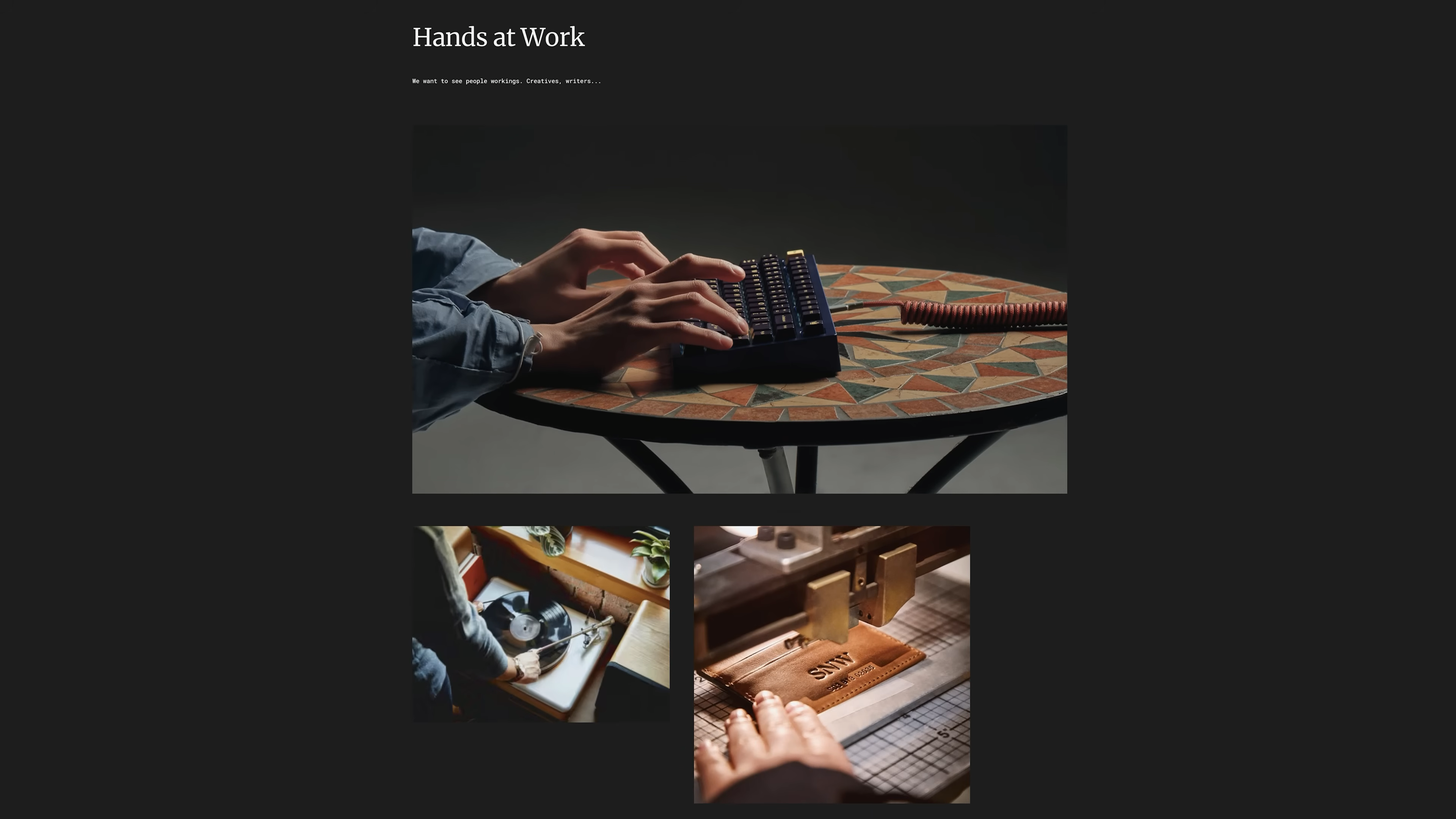 Scenes from Matthew Encina’s Mode brand redesign video, showing hands typing on a custom mechanical keyboard, operating a record player, and stamping leather—demonstrating the craftsmanship and creative process featured in the brand transformation.