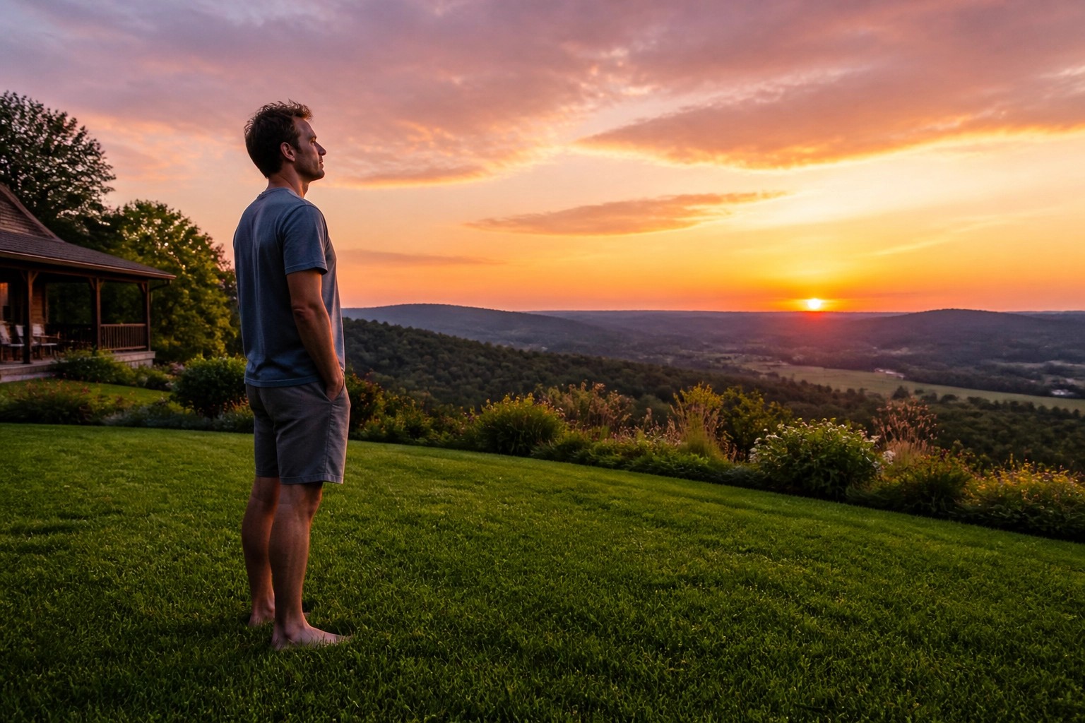 A person standing outdoors at sunset taking a deep, restorative breath to demonstrate grounding techniques for social anxiety.