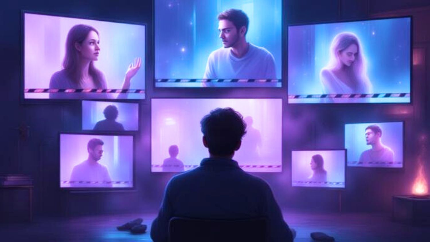 Person replaying past conversations in their mind, surrounded by multiple screens showing different interactions, symbolizing overthinking, social anxiety, and rumination about what was said or done wrong.