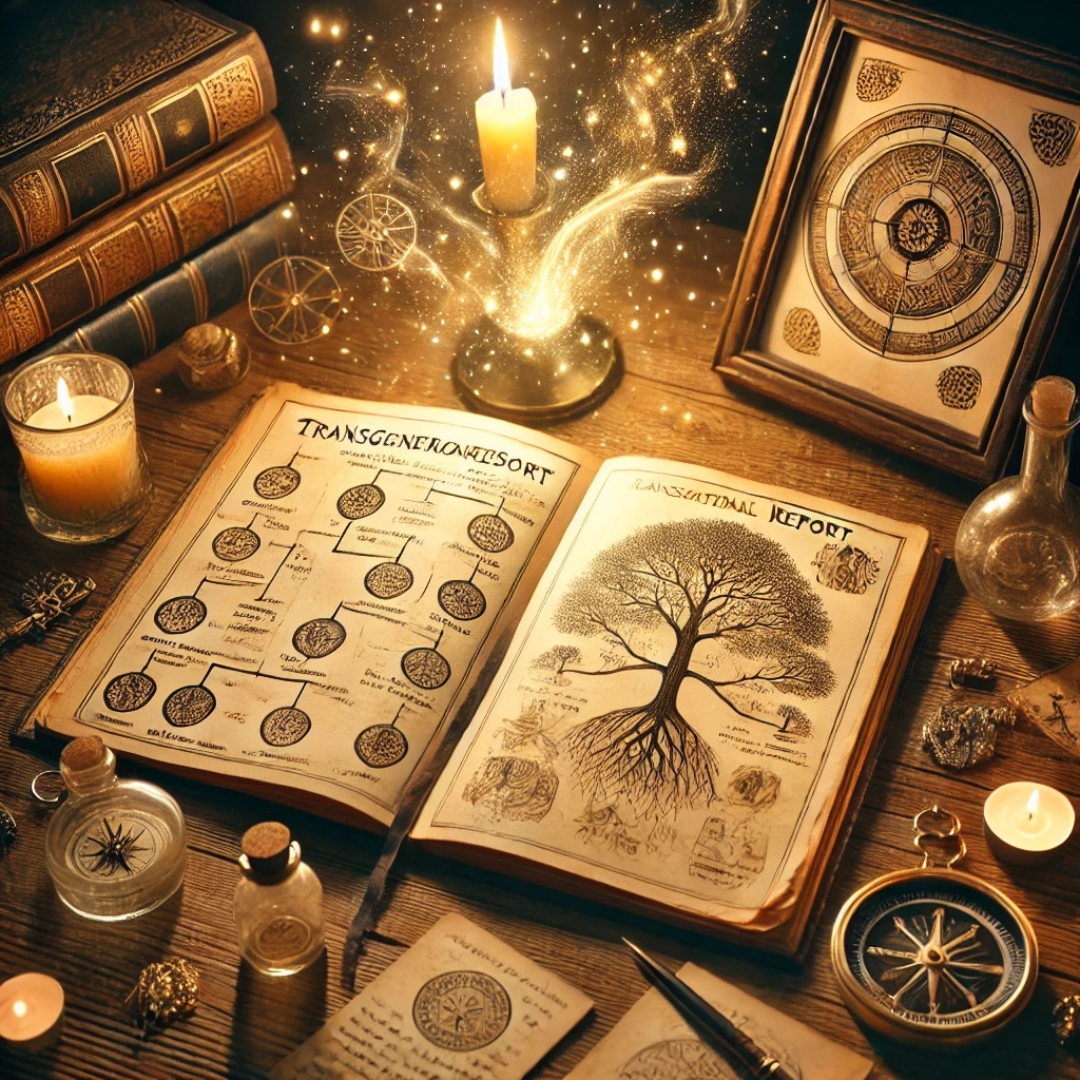 vue de dessus d’un rapport transgénérationnel ouvert, avec arbre généalogique dessiné, symboles ésotériques, bougies et objets anciens dans une ambiance magique et sacrée