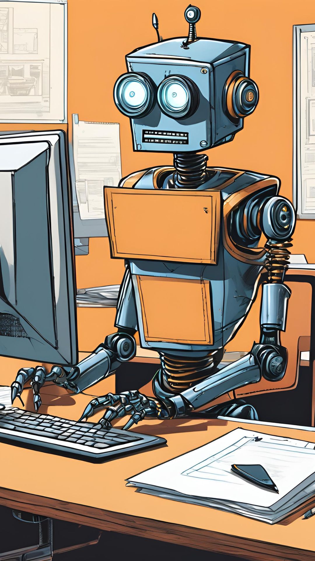A robot sitting at a desk grading essays on a computer