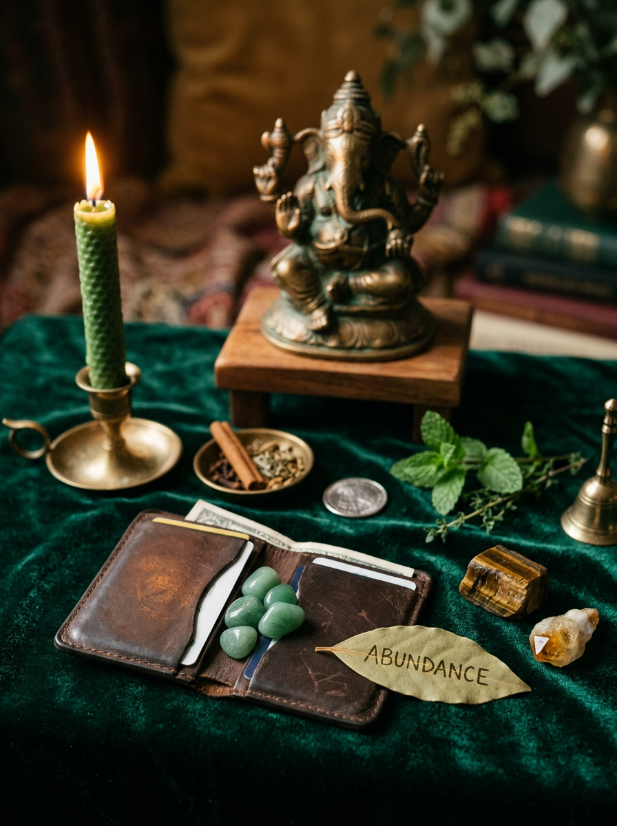 An eye level photograph of a curated prosperity altar arranged on a lush, emerald green velvet cloth. In the background, a detailed bronze statue of Ganesha sits on a wooden stand. To the left, a tall, textured green beeswax candle burns in a brass holder. In the foreground is an open, worn leather wallet with green aventurine tumbles, a folded dollar bill, and a bay leaf with the word 'ABUNDANCE' written on it. A piece of Tiger's Eye and citrine are nearby, next to fresh herbs and a brass bell. Soft, atmospheric lighting.