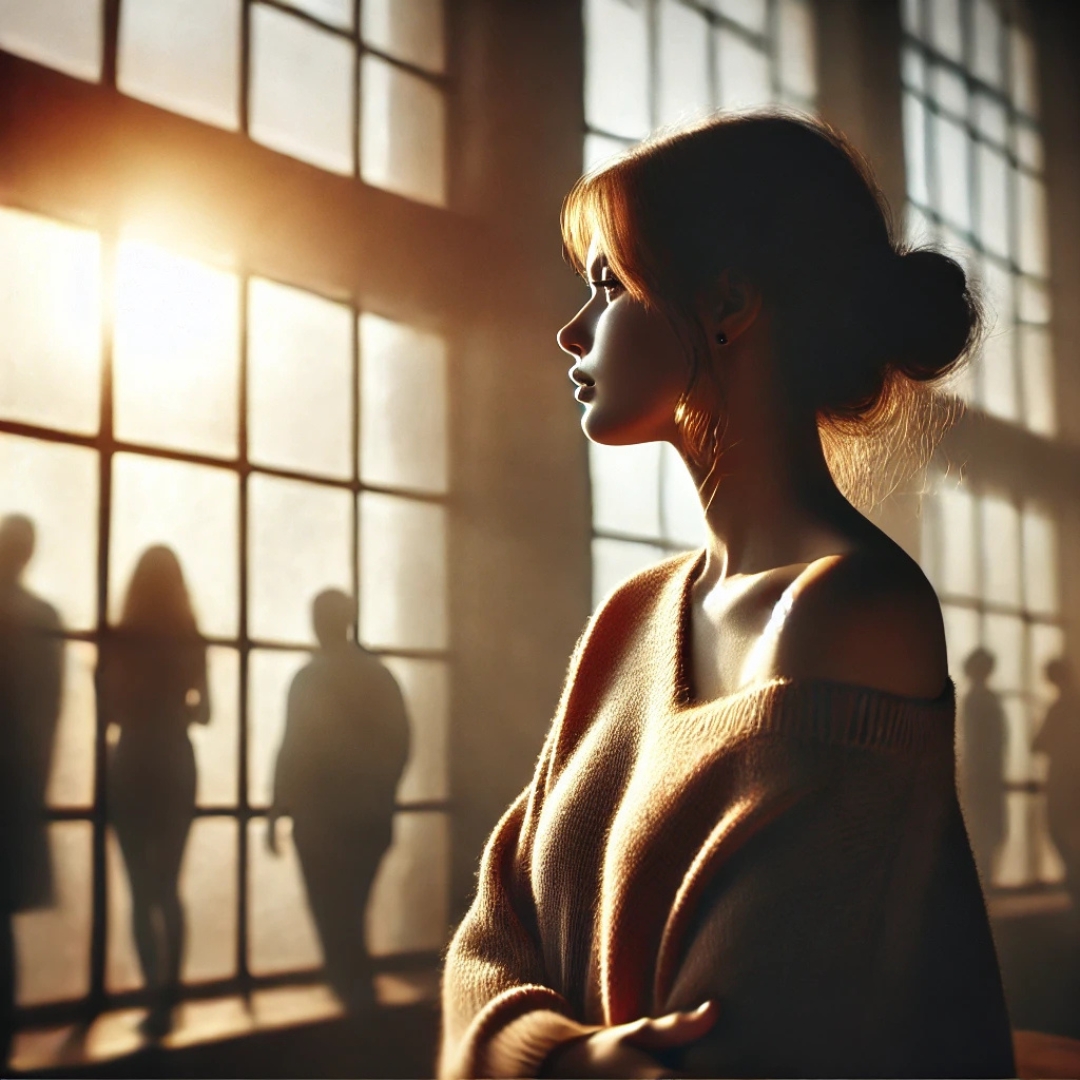 Femme debout devant une fenêtre baignée de lumière chaude, avec des ombres floues de personnes projetées derrière elle, symbolisant les schémas relationnels hérités d’une blessure de trahison transgénérationnelle