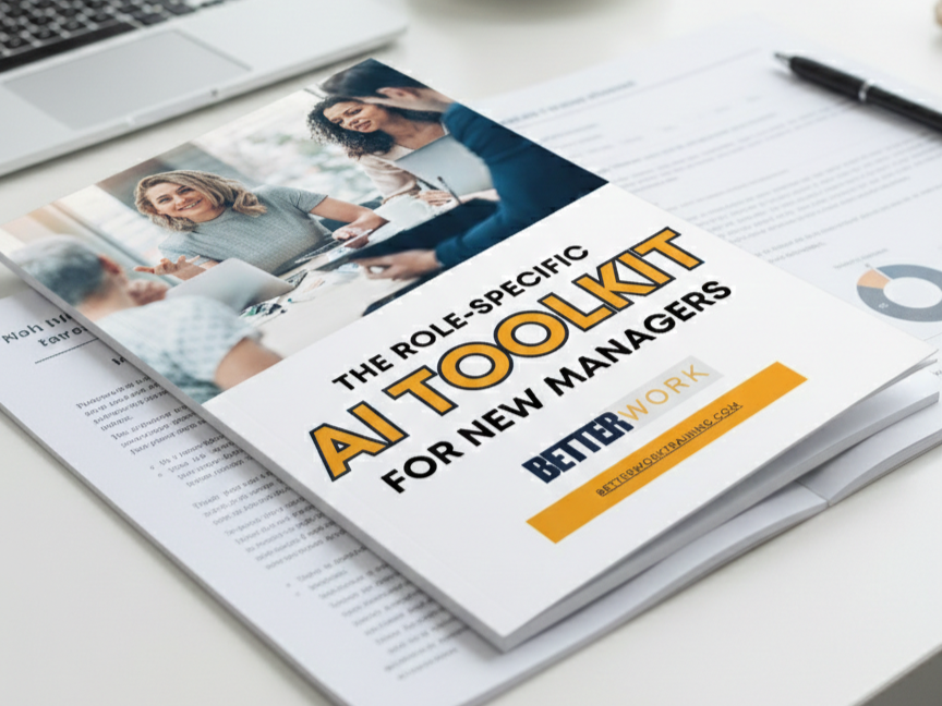 A booklet titled "The Role-Specific AI Toolkit for New Managers" sits on top of a report on a desk with a cup of coffee next to a laptop.