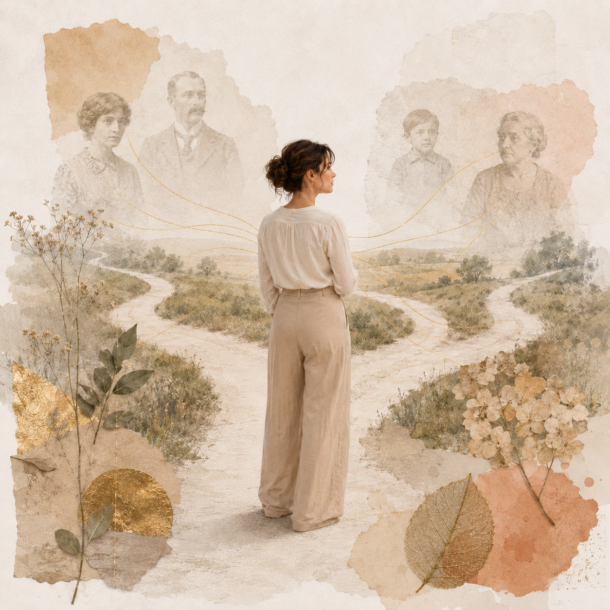 Femme face à plusieurs chemins et à des portraits d’ancêtres reliés par des fils dorés pour illustrer les signes d’une mémoire transgénérationnelle
