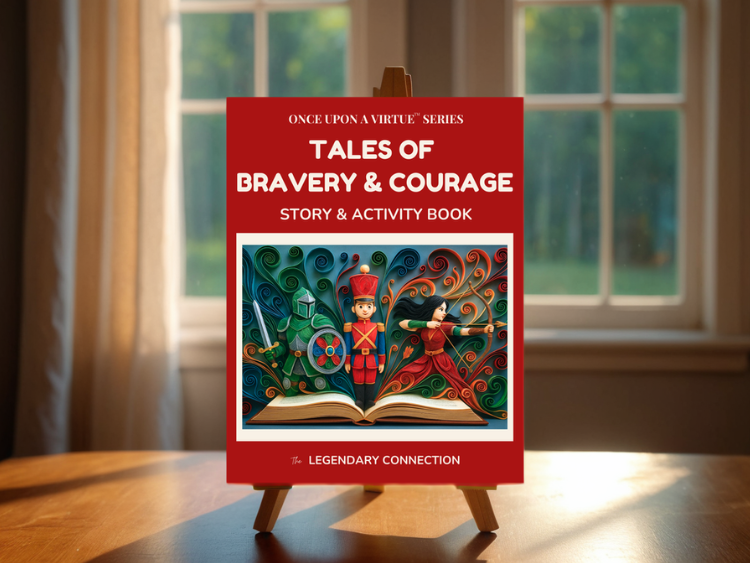 Book Once Upon A Virtue: Tales of Bravery & Courage, a story and activity book on a wooden easel in a sunlit dining room.