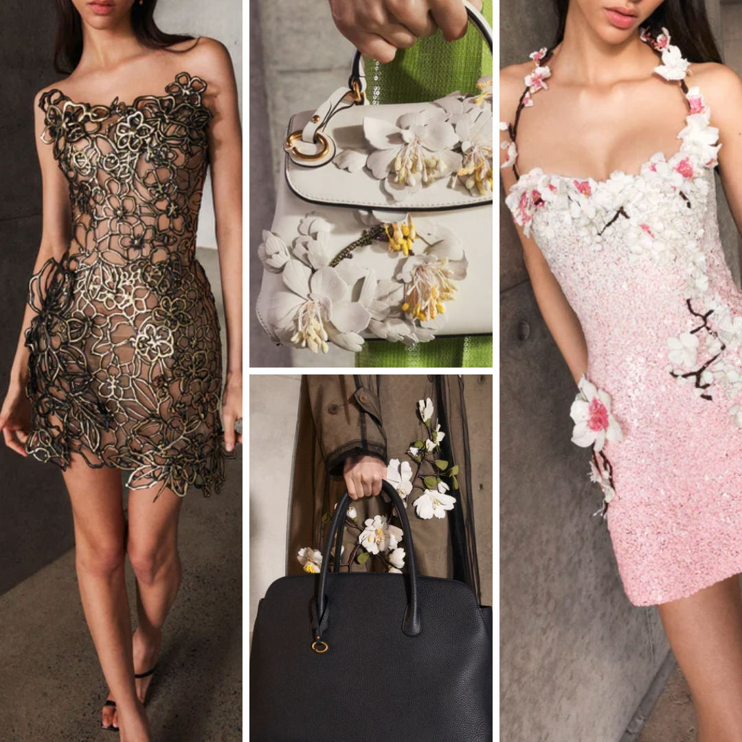 Pre-Fall 2025 collage focused on cherry blossom motifs, corded appliqué, and floral embroidery textures.