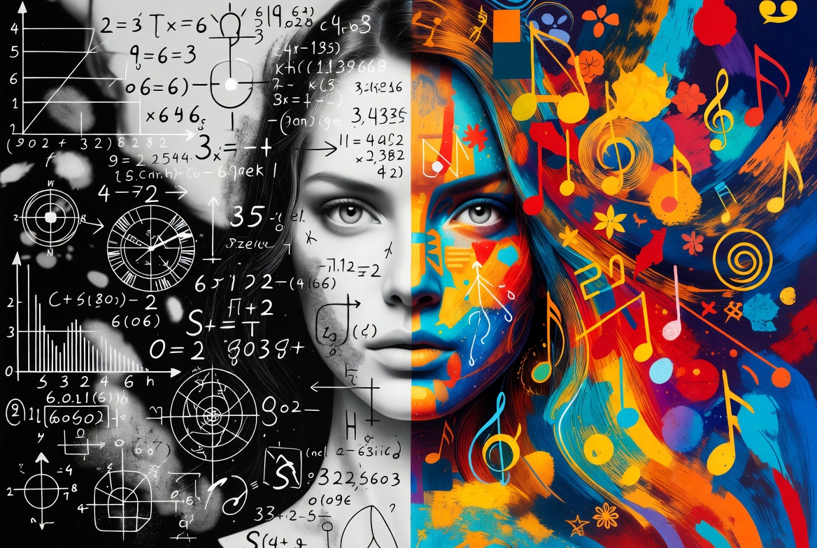 a womans face. On the left its black and white with numbers and on the right it is colorful